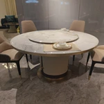 Round Marble Dining Table with Built-in Rotating Tray Woven Leather Pedestal and Metal Base